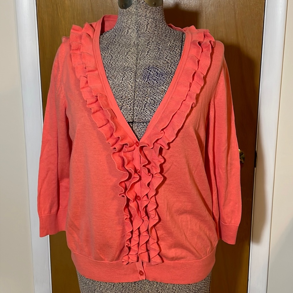 Talbots Womens Large Coral Double Ruffle V-Neck Button Down Cardigan
